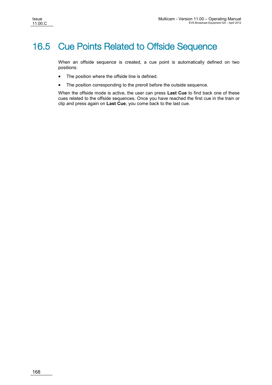 Cue points related to offside sequence, 5 cue points related to offside sequence | EVS MulticamLSM Version 11.00 Operating Manual User Manual | Page 178 / 199