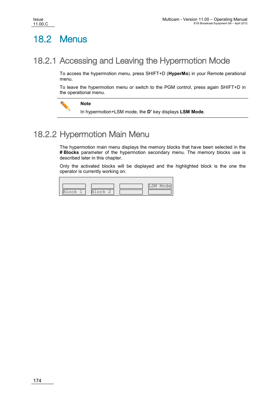 Menus, Accessing and leaving the hypermotion mode, Hypermotion main menu | 2 menus, 1 accessing and leaving the hypermotion mode, 2 hypermotion main menu | EVS MulticamLSM Version 11.00 Operating Manual User Manual | Page 184 / 199