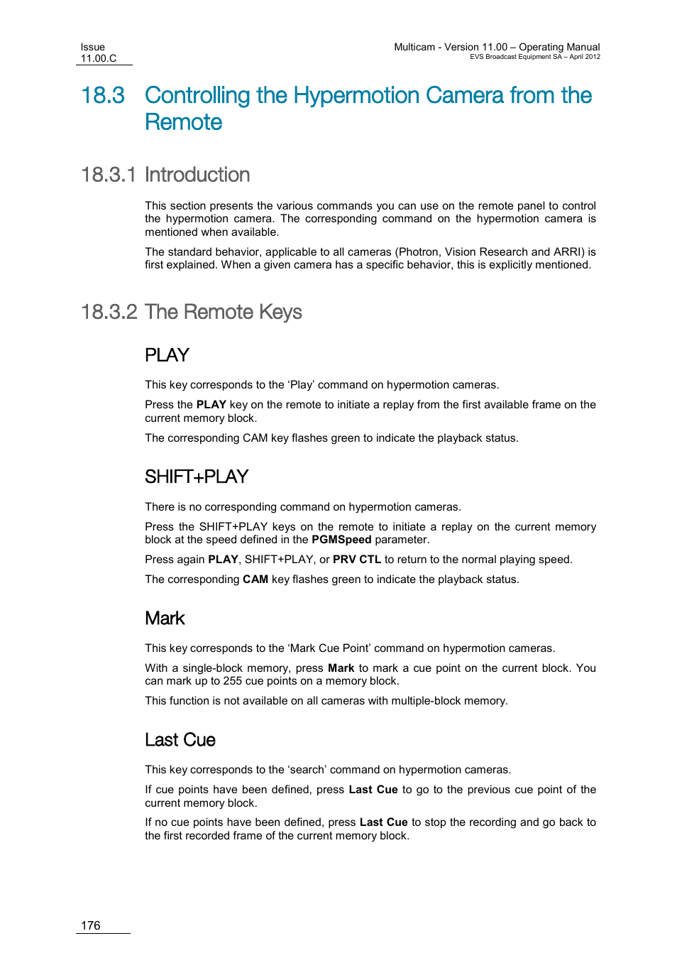 Controlling the hypermotion camera from the remote, Introduction, The remote keys | Play, Shift+play, Mark, Last cue, 1 introduction, 2 the remote keys | EVS MulticamLSM Version 11.00 Operating Manual User Manual | Page 186 / 199