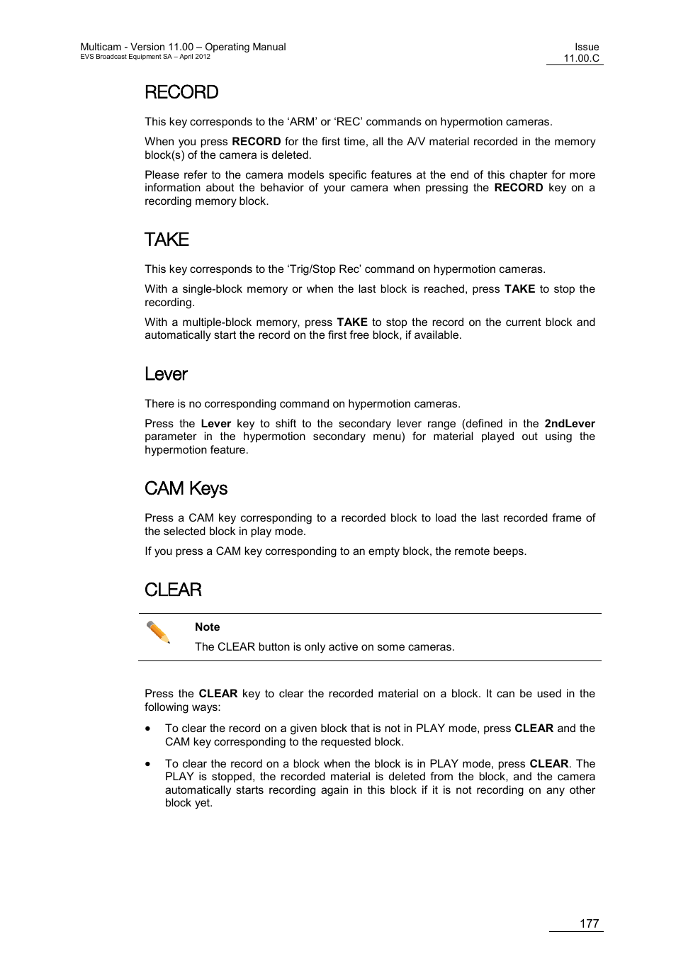 Record, Take, Lever | Cam keys, Clear | EVS MulticamLSM Version 11.00 Operating Manual User Manual | Page 187 / 199
