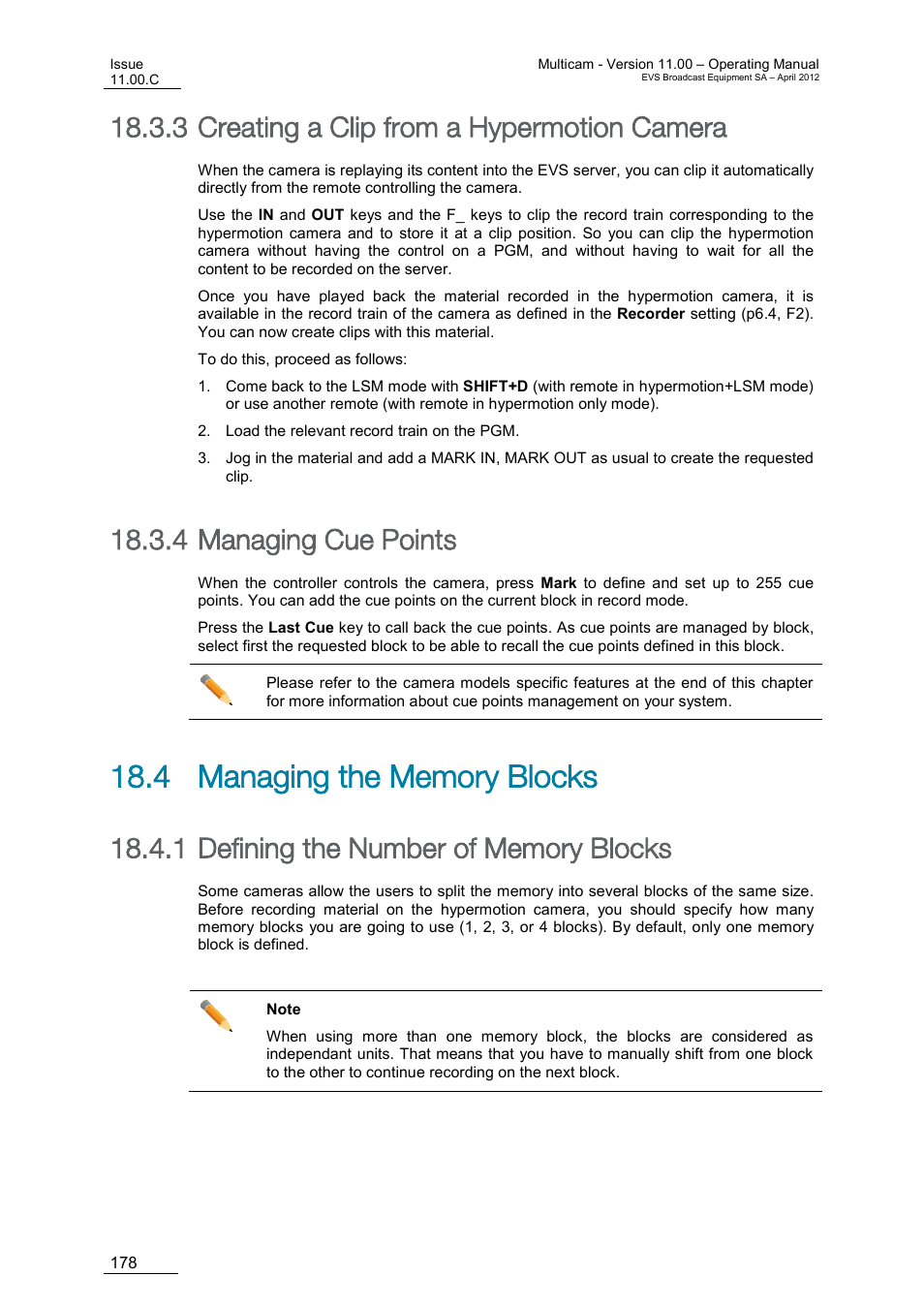 Creating a clip from a hypermotion camera, Managing cue points, Managing the memory blocks | Defining the number of memory blocks, 4 managing the memory blocks, 3 creating a clip from a hypermotion camera, 4 managing cue points | EVS MulticamLSM Version 11.00 Operating Manual User Manual | Page 188 / 199
