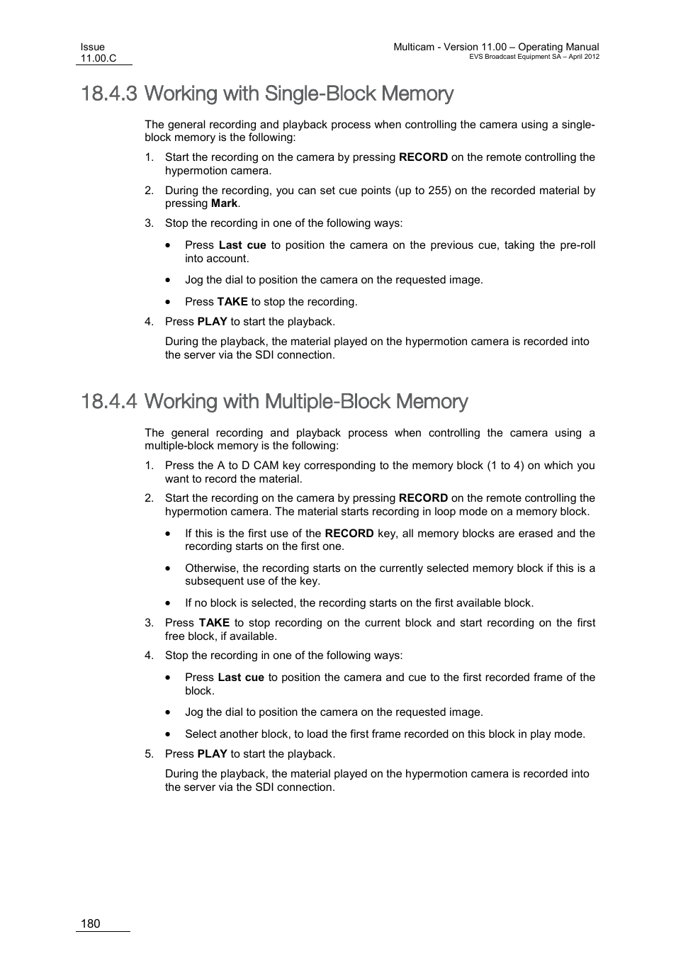 Working with single-block memory, Working with multiple-block memory | EVS MulticamLSM Version 11.00 Operating Manual User Manual | Page 190 / 199