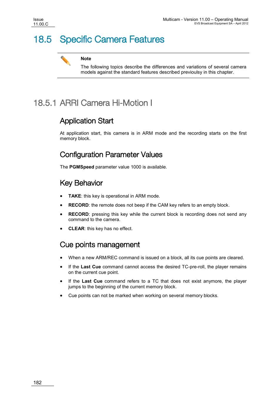 Specific camera features, Arri camera hi-motion i, Application start | Configuration parameter values, Key behavior, Cue points management, 5 specific camera features, 1 arri camera hi-motion i | EVS MulticamLSM Version 11.00 Operating Manual User Manual | Page 192 / 199