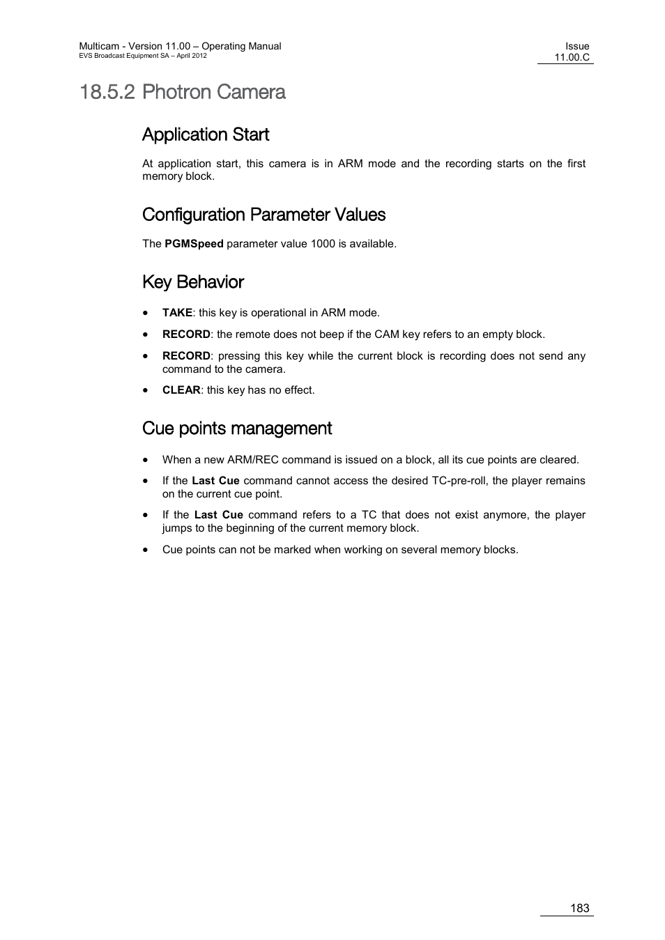 Photron camera, Application start, Configuration parameter values | Key behavior, Cue points management, 2 photron camera | EVS MulticamLSM Version 11.00 Operating Manual User Manual | Page 193 / 199