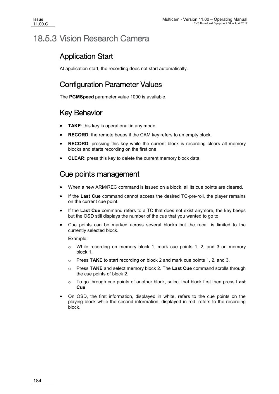 Vision research camera, Application start, Configuration parameter values | Key behavior, Cue points management, 3 vision research camera | EVS MulticamLSM Version 11.00 Operating Manual User Manual | Page 194 / 199