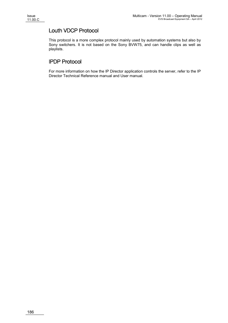 Louth vdcp protocol, Ipdp protocol | EVS MulticamLSM Version 11.00 Operating Manual User Manual | Page 196 / 199