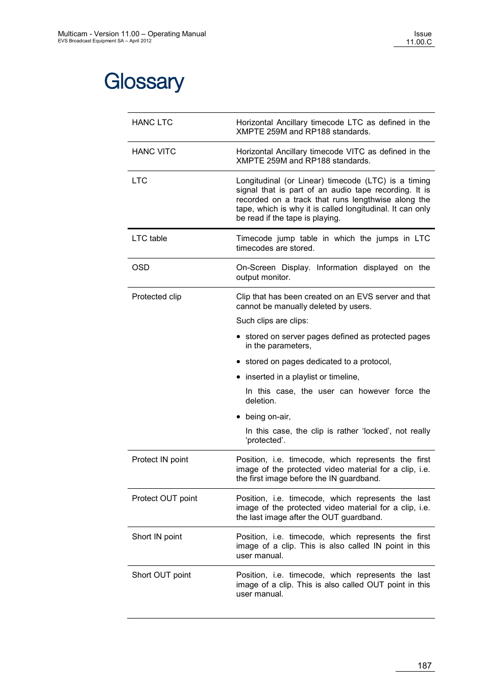 Glossary, Lossary | EVS MulticamLSM Version 11.00 Operating Manual User Manual | Page 197 / 199