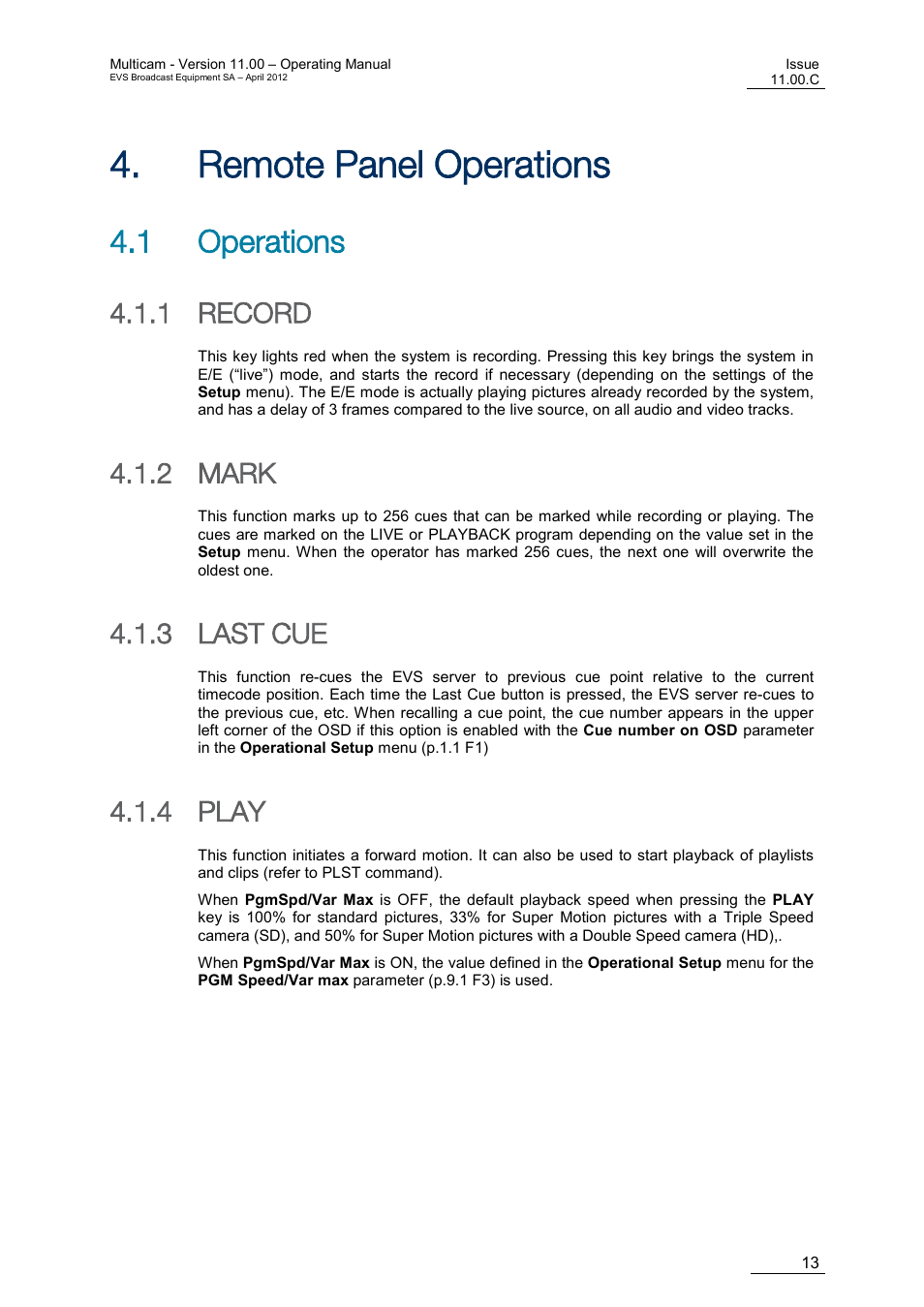 Remote panel operations, Operations, Record | Mark, Last cue, Play, Emote, Anel, Perations, 1 operations | EVS MulticamLSM Version 11.00 Operating Manual User Manual | Page 23 / 199