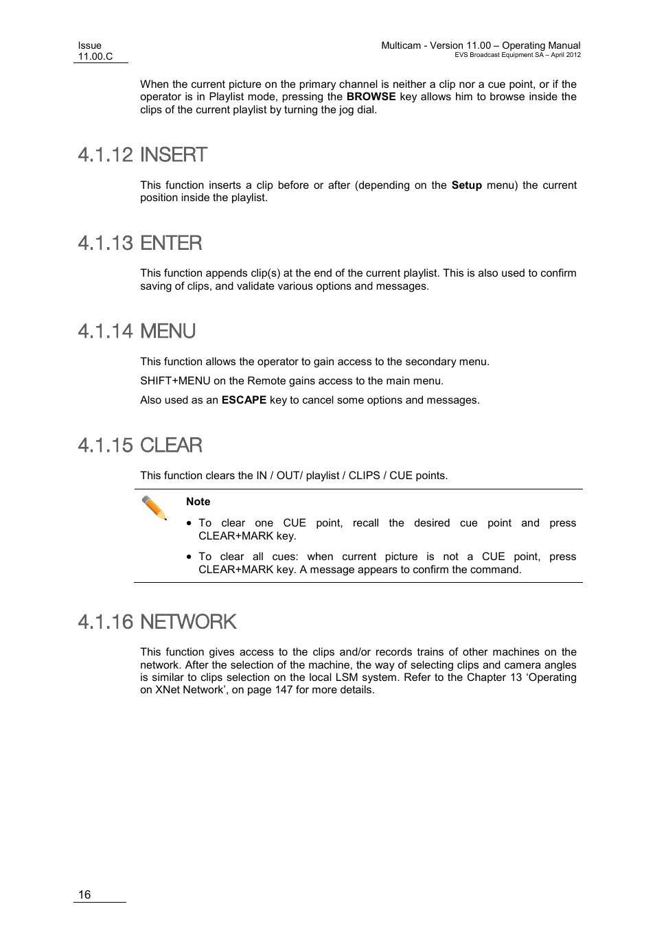Insert, Enter, Menu | Clear, Network, 12 insert, 13 enter, 14 menu, 15 clear, 16 network | EVS MulticamLSM Version 11.00 Operating Manual User Manual | Page 26 / 199
