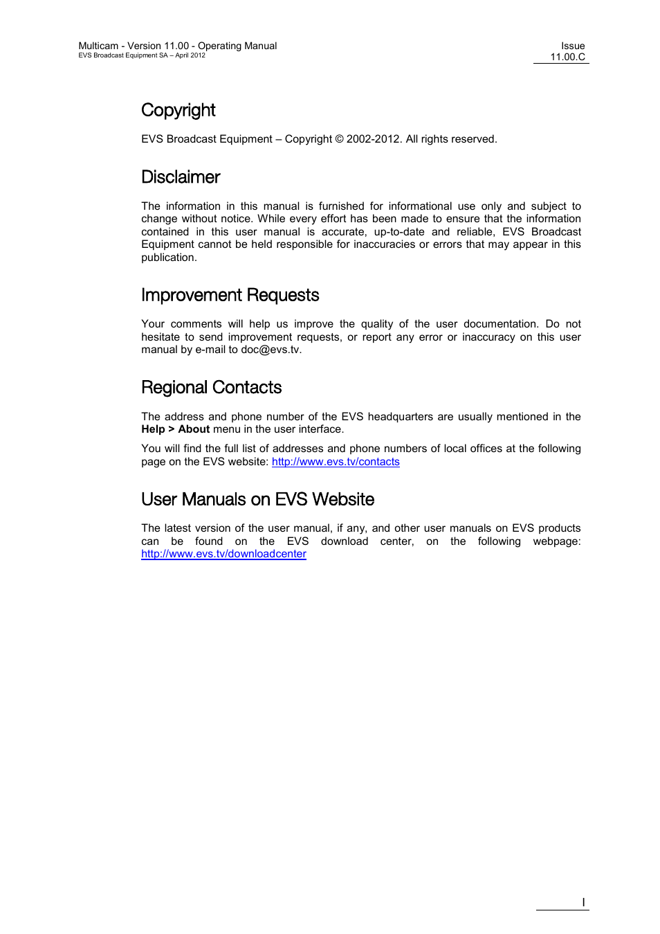 Copyright, Disclaimer, Improvement requests | Regional contacts, User manuals on evs website | EVS MulticamLSM Version 11.00 Operating Manual User Manual | Page 3 / 199