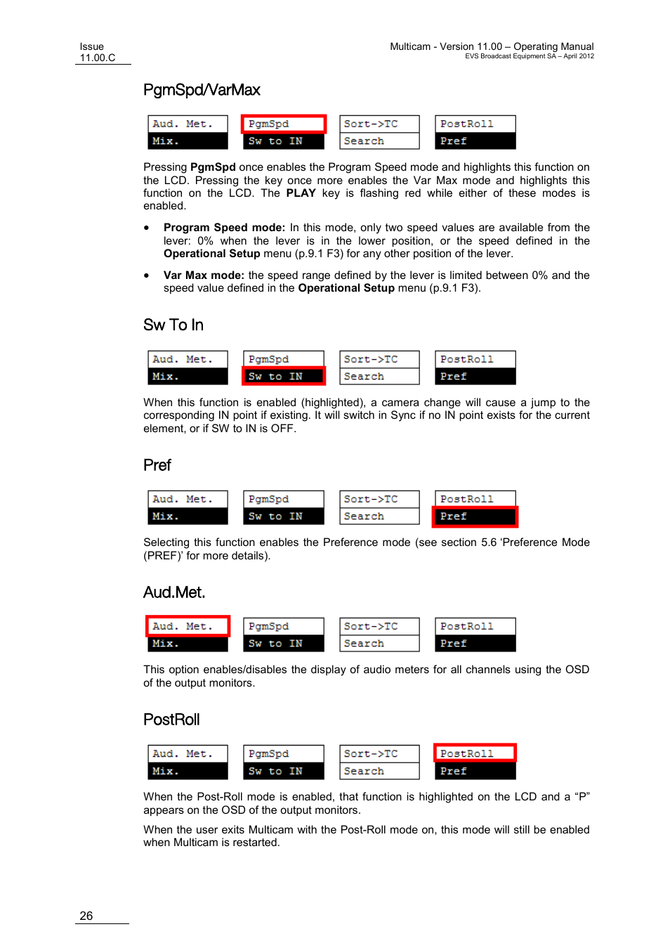 Pgmspd/varmax, Sw to in, Pref | Aud.met, Postroll | EVS MulticamLSM Version 11.00 Operating Manual User Manual | Page 36 / 199