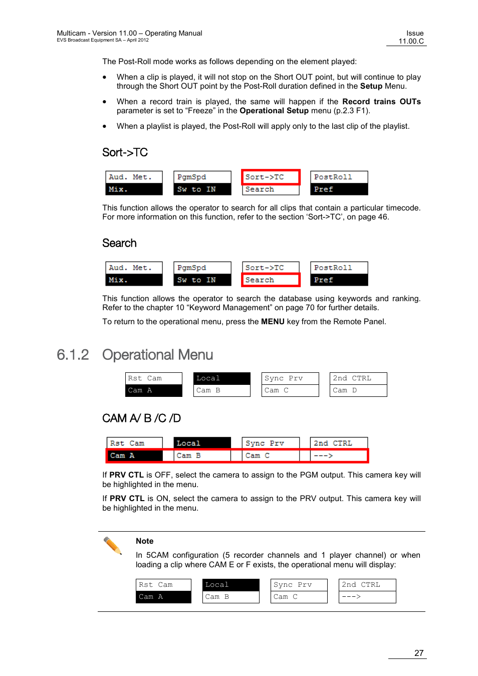 Sort->tc, Search, Operational menu | Cam a/ b /c /d, 2 operational menu | EVS MulticamLSM Version 11.00 Operating Manual User Manual | Page 37 / 199