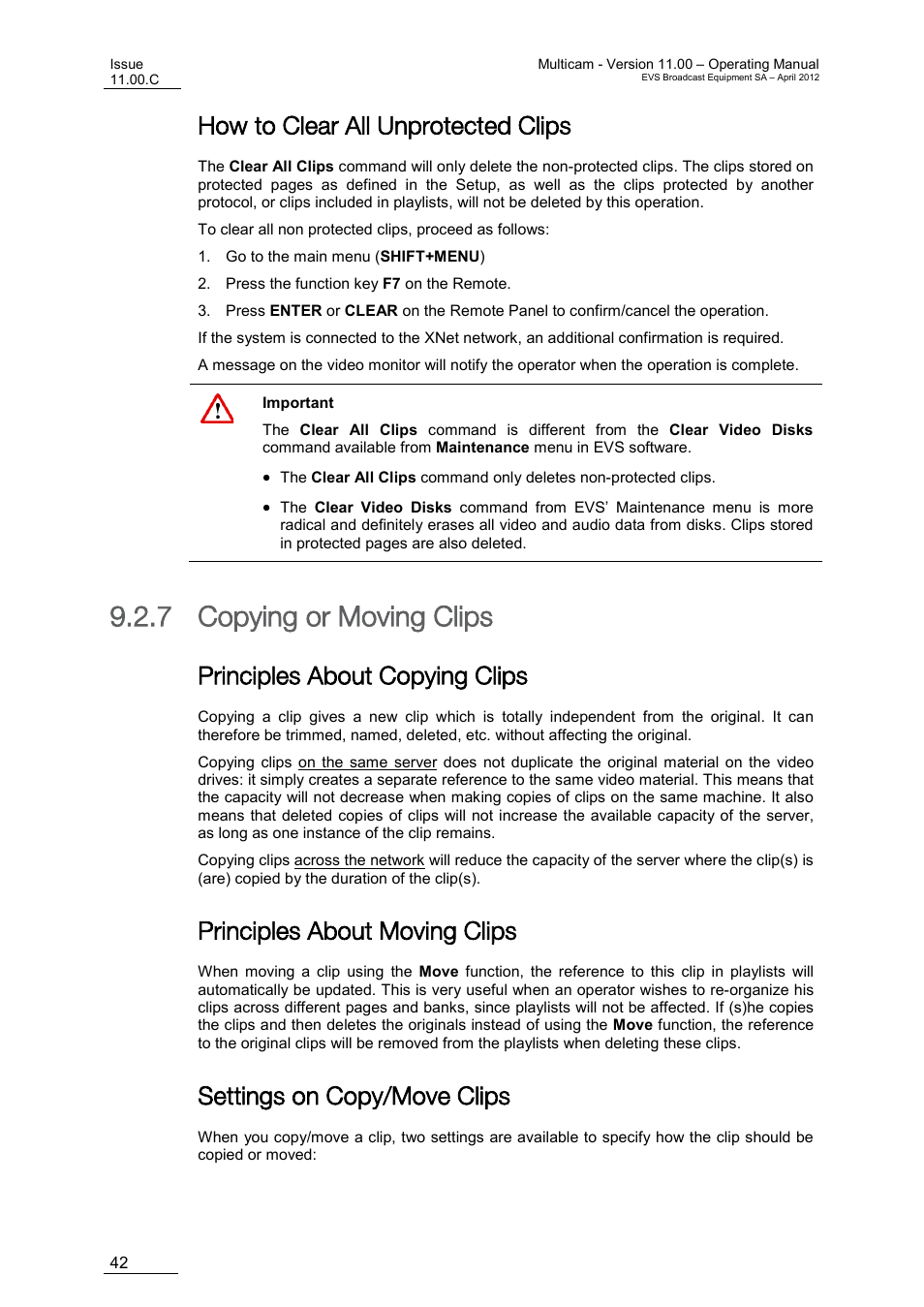 How to clear all unprotected clips, Copying or moving clips, Principles about copying clips | Principles about moving clips, Settings on copy/move clips, 7 copying or moving clips | EVS MulticamLSM Version 11.00 Operating Manual User Manual | Page 52 / 199