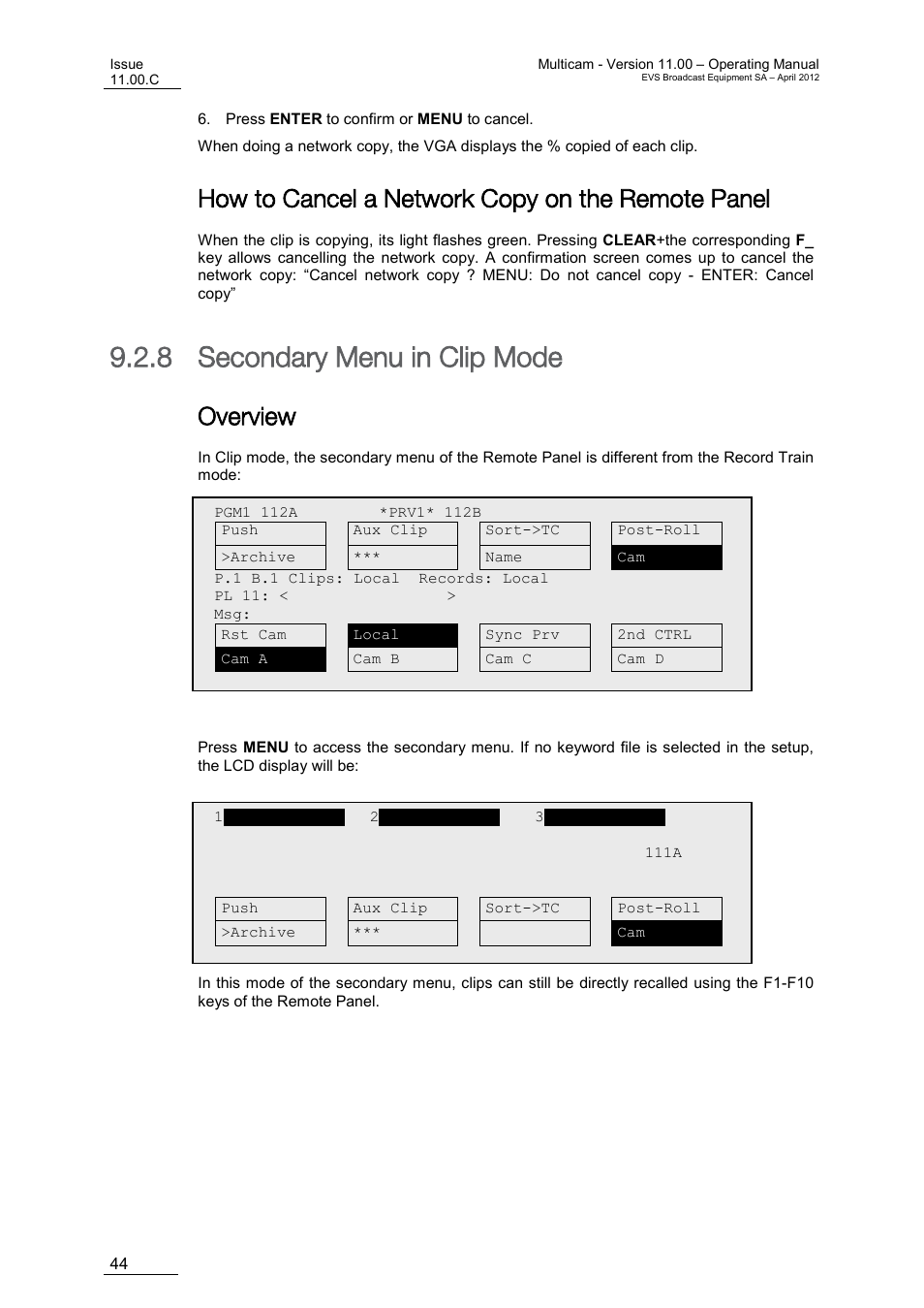 How to cancel a network copy on the remote panel, Secondary menu in clip mode, Overview | 8 secondary menu in clip mode | EVS MulticamLSM Version 11.00 Operating Manual User Manual | Page 54 / 199