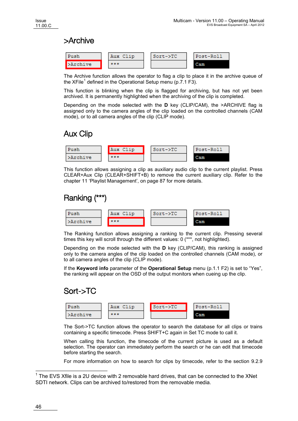 Archive, Aux clip, Ranking (***) | Sort->tc, On ‘sort->tc, E 46 | EVS MulticamLSM Version 11.00 Operating Manual User Manual | Page 56 / 199