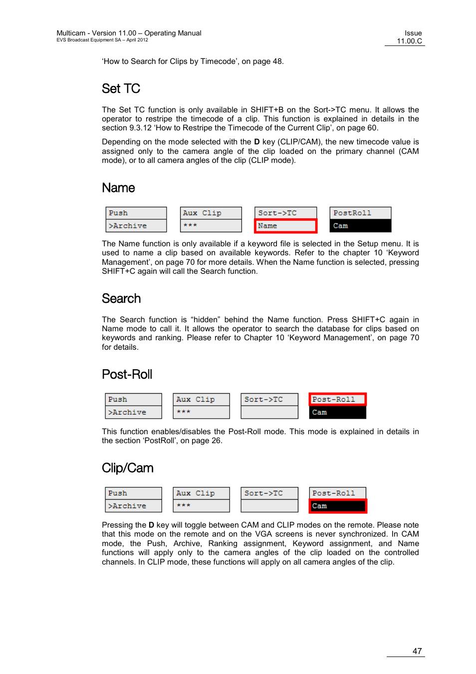 Set tc, Name, Search | Post-roll, Clip/cam | EVS MulticamLSM Version 11.00 Operating Manual User Manual | Page 57 / 199