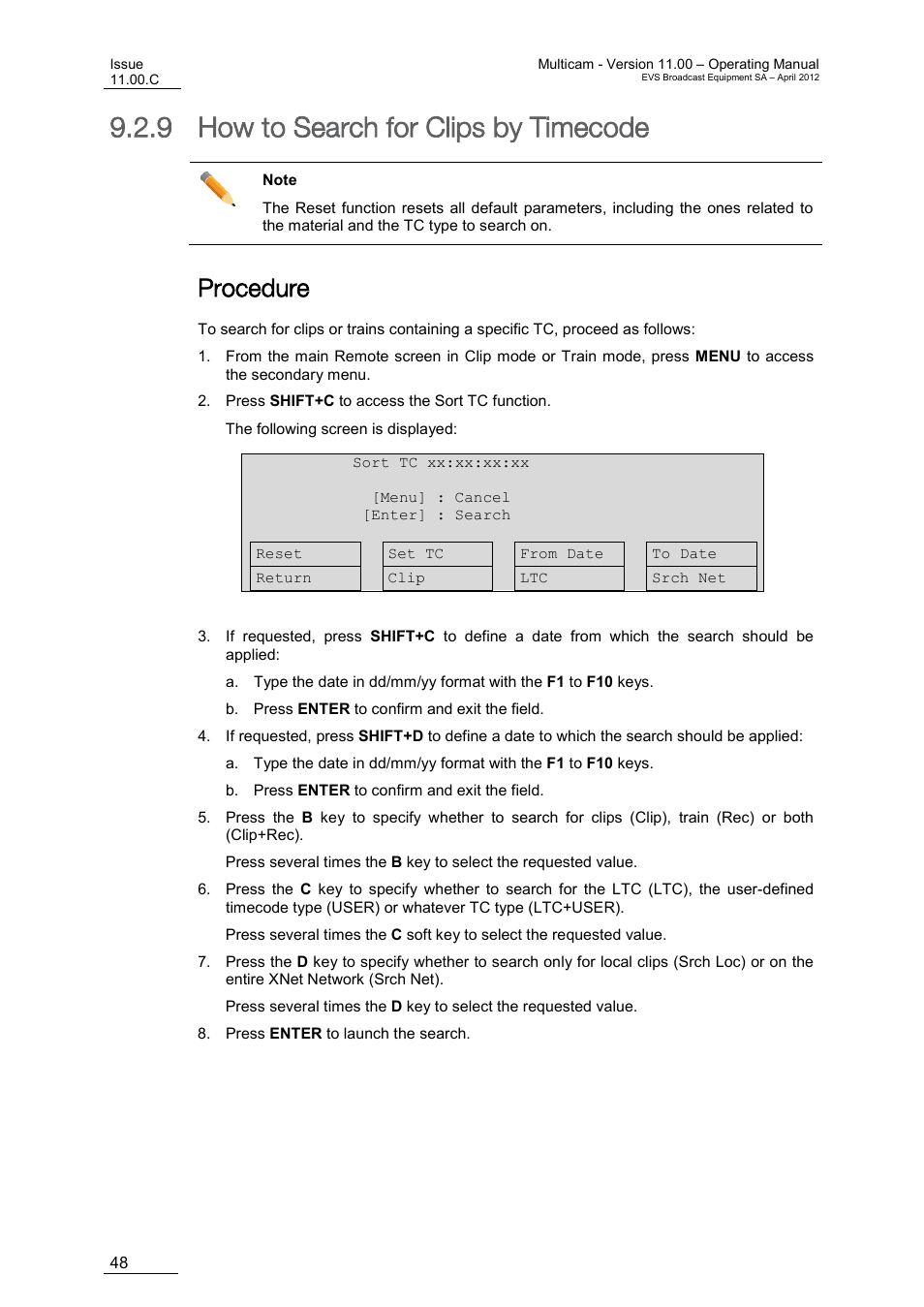 How to search for clips by timecode, Procedure, On 9.2.9 | Ge 48, 9 how to search for clips by timecode | EVS MulticamLSM Version 11.00 Operating Manual User Manual | Page 58 / 199