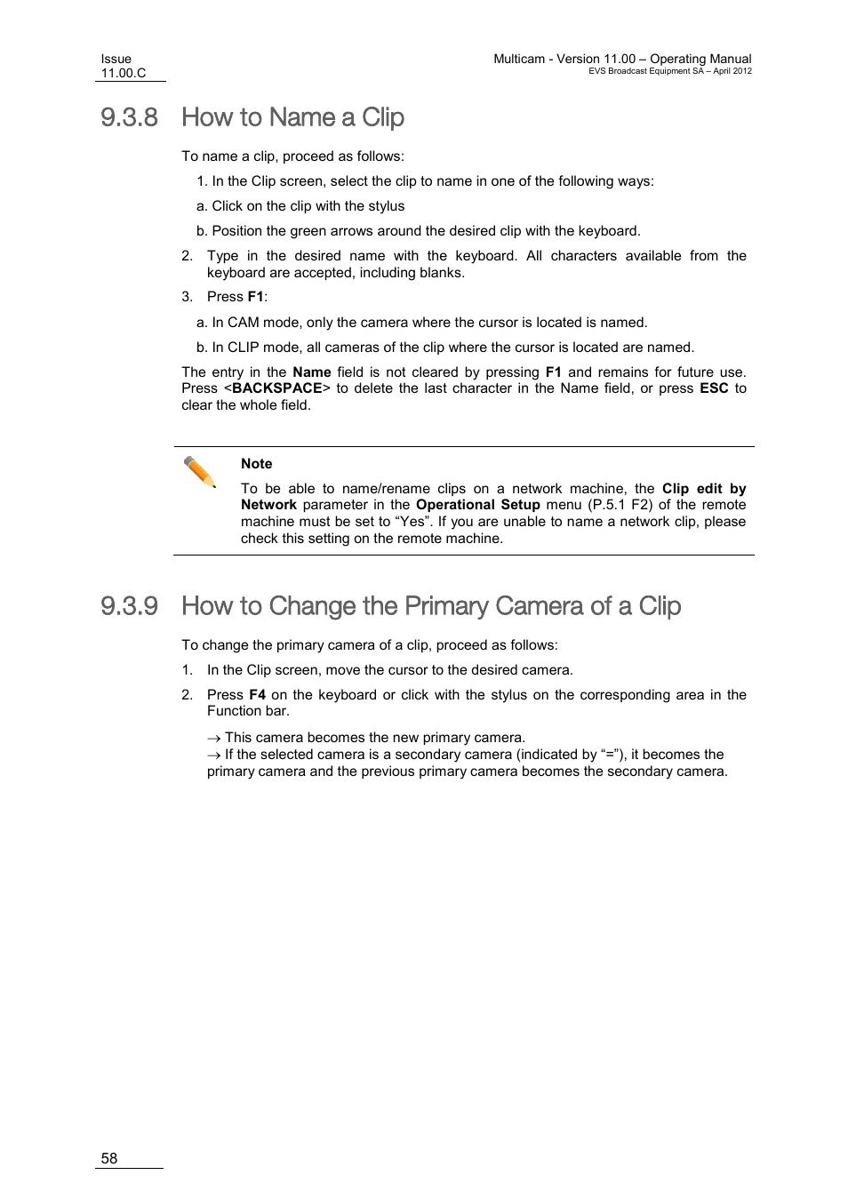 How to name a clip, How to change the primary camera of a clip, On 9.3.9 ‘how to change the primary camera | Of a clip, E 58, 8 how to name a clip, 9 how to change the primary camera of a clip | EVS MulticamLSM Version 11.00 Operating Manual User Manual | Page 68 / 199