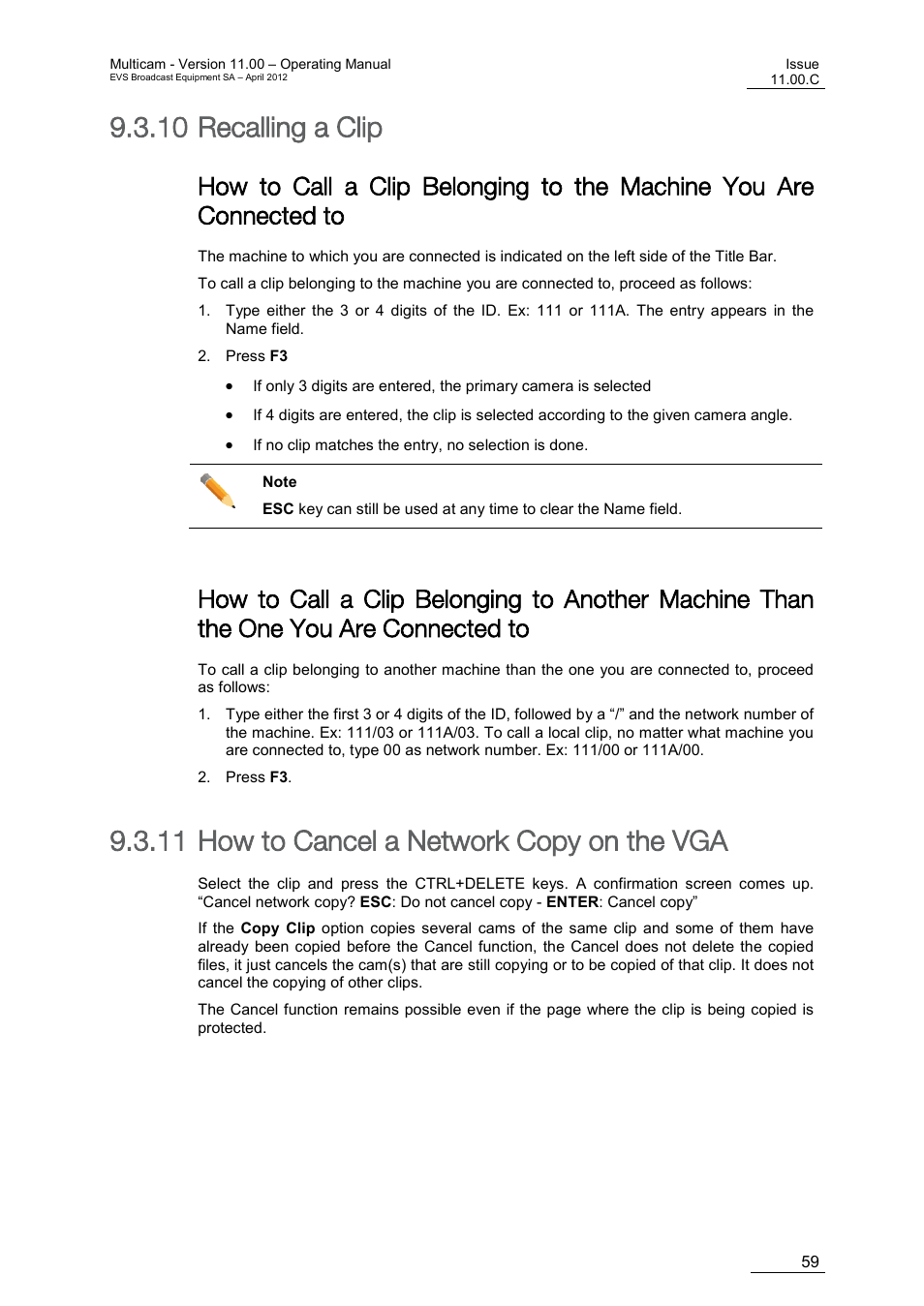 Recalling a clip, How to cancel a network copy on the vga, 10 recalling a clip | 11 how to cancel a network copy on the vga | EVS MulticamLSM Version 11.00 Operating Manual User Manual | Page 69 / 199