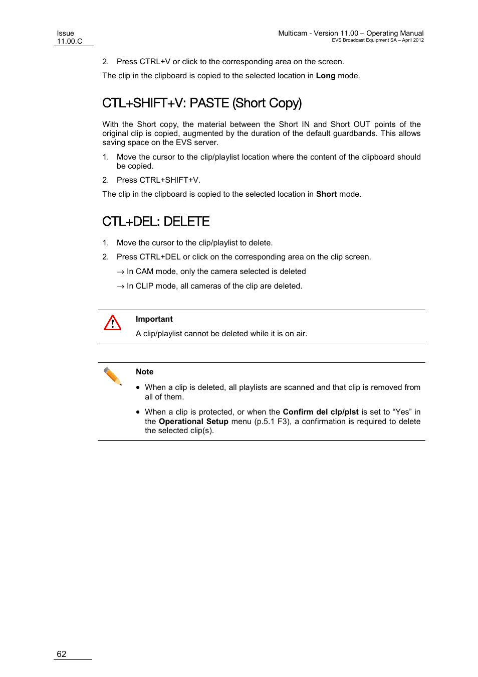 Ctl+shift+v: paste (short copy), Ctl+del: delete | EVS MulticamLSM Version 11.00 Operating Manual User Manual | Page 72 / 199