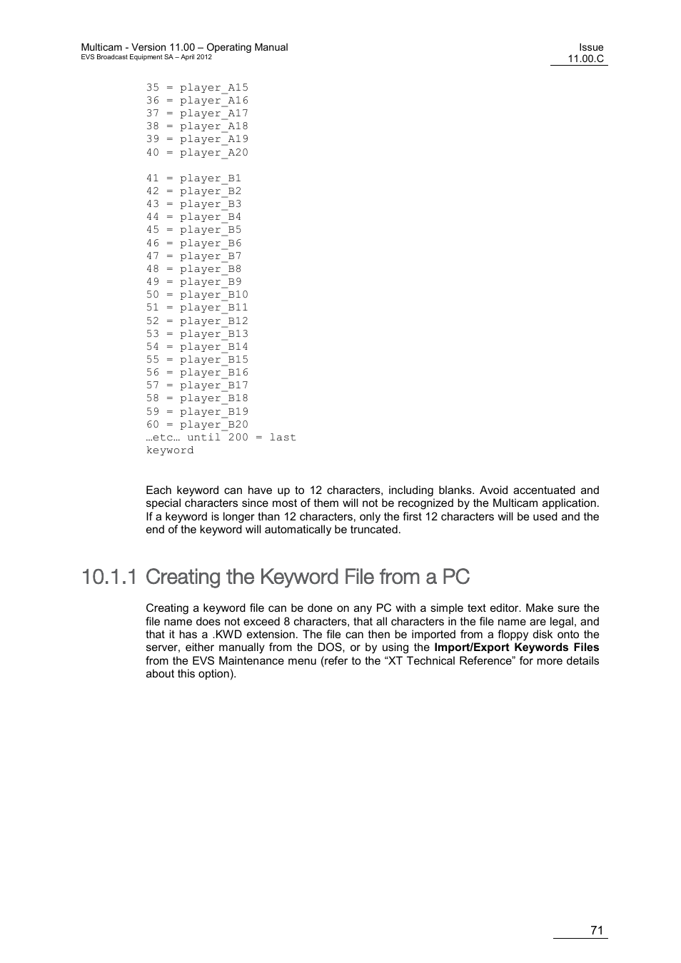 Creating the keyword file from a pc, 1 creating the keyword file from a pc | EVS MulticamLSM Version 11.00 Operating Manual User Manual | Page 81 / 199