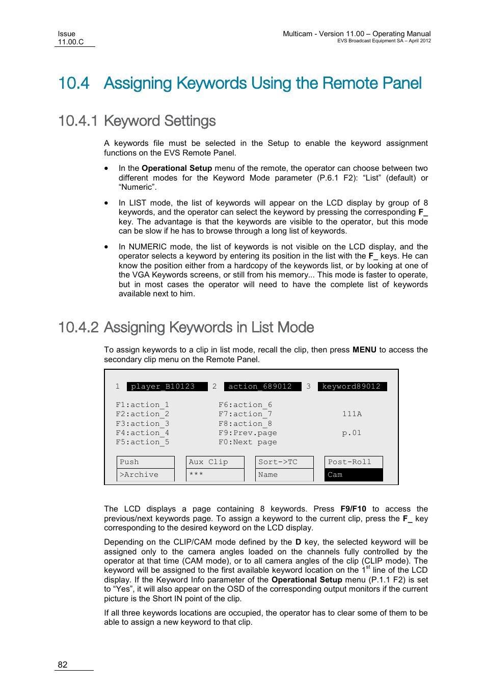 Assigning keywords using the remote panel, Keyword settings, Assigning keywords in list mode | 4 assigning keywords using the remote panel, 1 keyword settings, 2 assigning keywords in list mode | EVS MulticamLSM Version 11.00 Operating Manual User Manual | Page 92 / 199