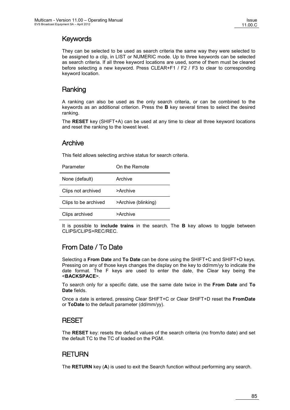 Keywords, Ranking, Archive | From date / to date, Reset, Return | EVS MulticamLSM Version 11.00 Operating Manual User Manual | Page 95 / 199