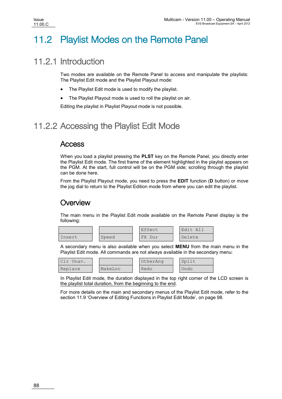 Playlist modes on the remote panel, Introduction, Accessing the playlist edit mode | Access, Overview, 2 playlist modes on the remote panel, 1 introduction, 2 accessing the playlist edit mode | EVS MulticamLSM Version 11.00 Operating Manual User Manual | Page 98 / 199