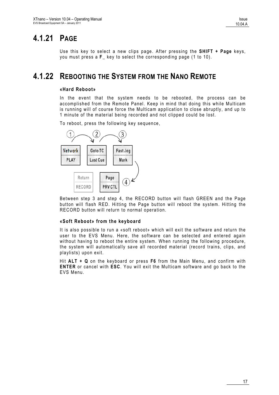 22 rebooting the system from the nano remote, Hard reboot, Soft reboot» from the keyboard | 21 p, 22 r | EVS XTnano Version 10.04 - January 2011 Operation Manual User Manual | Page 25 / 98