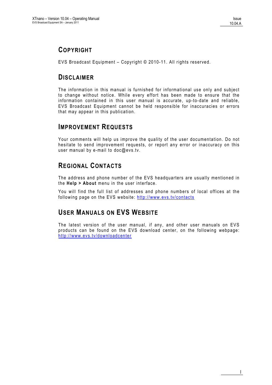 EVS XTnano Version 10.04 - January 2011 Operation Manual User Manual | Page 3 / 98