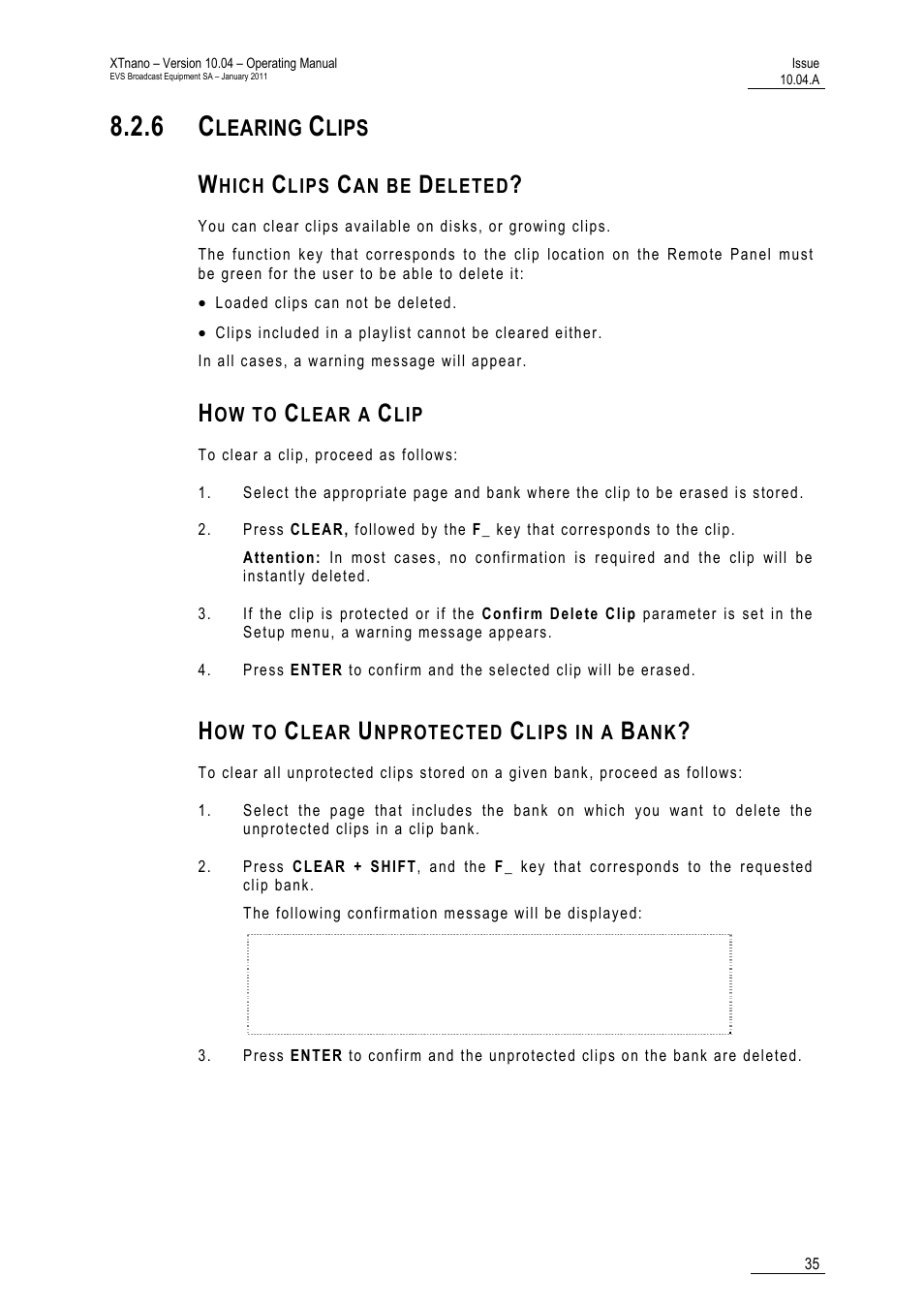 6 clearing clips, Which clips can be deleted, How to clear a clip | How to clear unprotected clips in a bank, Learing, Lips | EVS XTnano Version 10.04 - January 2011 Operation Manual User Manual | Page 43 / 98