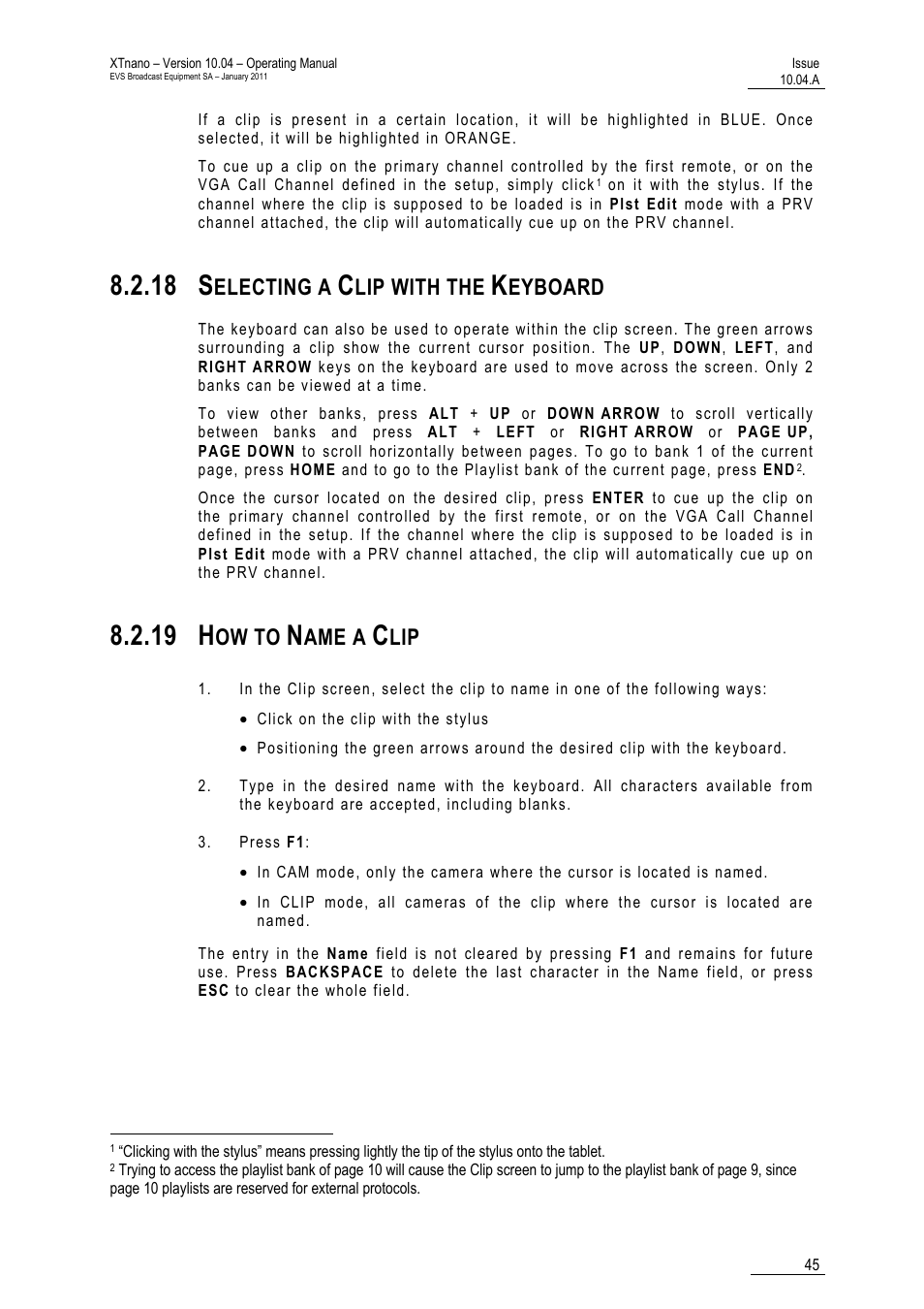 18 selecting a clip with the keyboard, 19 how to name a clip, 18 s | 19 h, Electing a, Lip with the, Eyboard, Ow to, Ame a | EVS XTnano Version 10.04 - January 2011 Operation Manual User Manual | Page 53 / 98