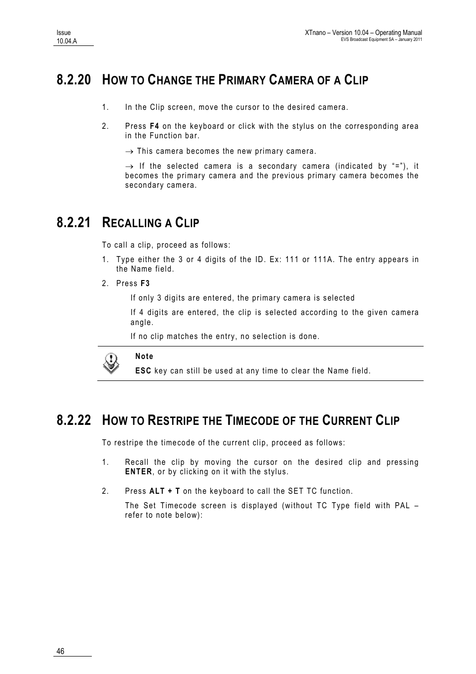 20 how to change the primary camera of a clip, 21 recalling a clip, 20 ‘how to change the primary camera of a clip | 20 h, 21 r, 22 h | EVS XTnano Version 10.04 - January 2011 Operation Manual User Manual | Page 54 / 98