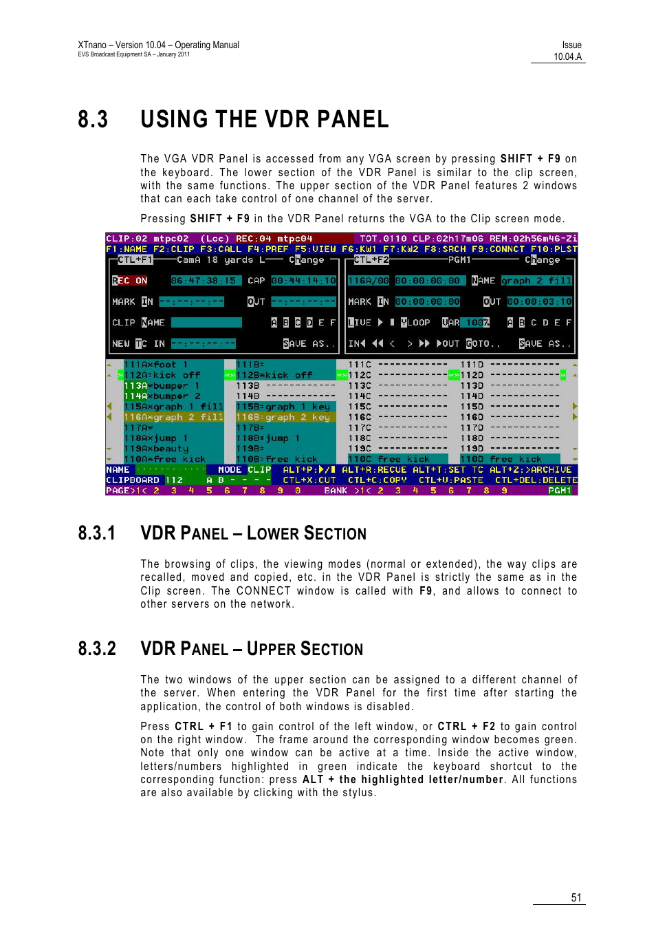 3 using the vdr panel, 1 vdr panel – lower section, 2 vdr panel – upper section | 1 vdr, 2 vdr | EVS XTnano Version 10.04 - January 2011 Operation Manual User Manual | Page 59 / 98