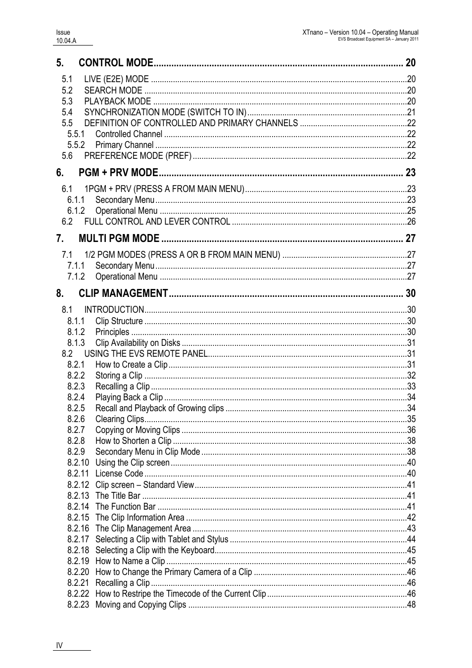 Control mode, Pgm + prv mode, Multi pgm mode | Clip management | EVS XTnano Version 10.04 - January 2011 Operation Manual User Manual | Page 6 / 98