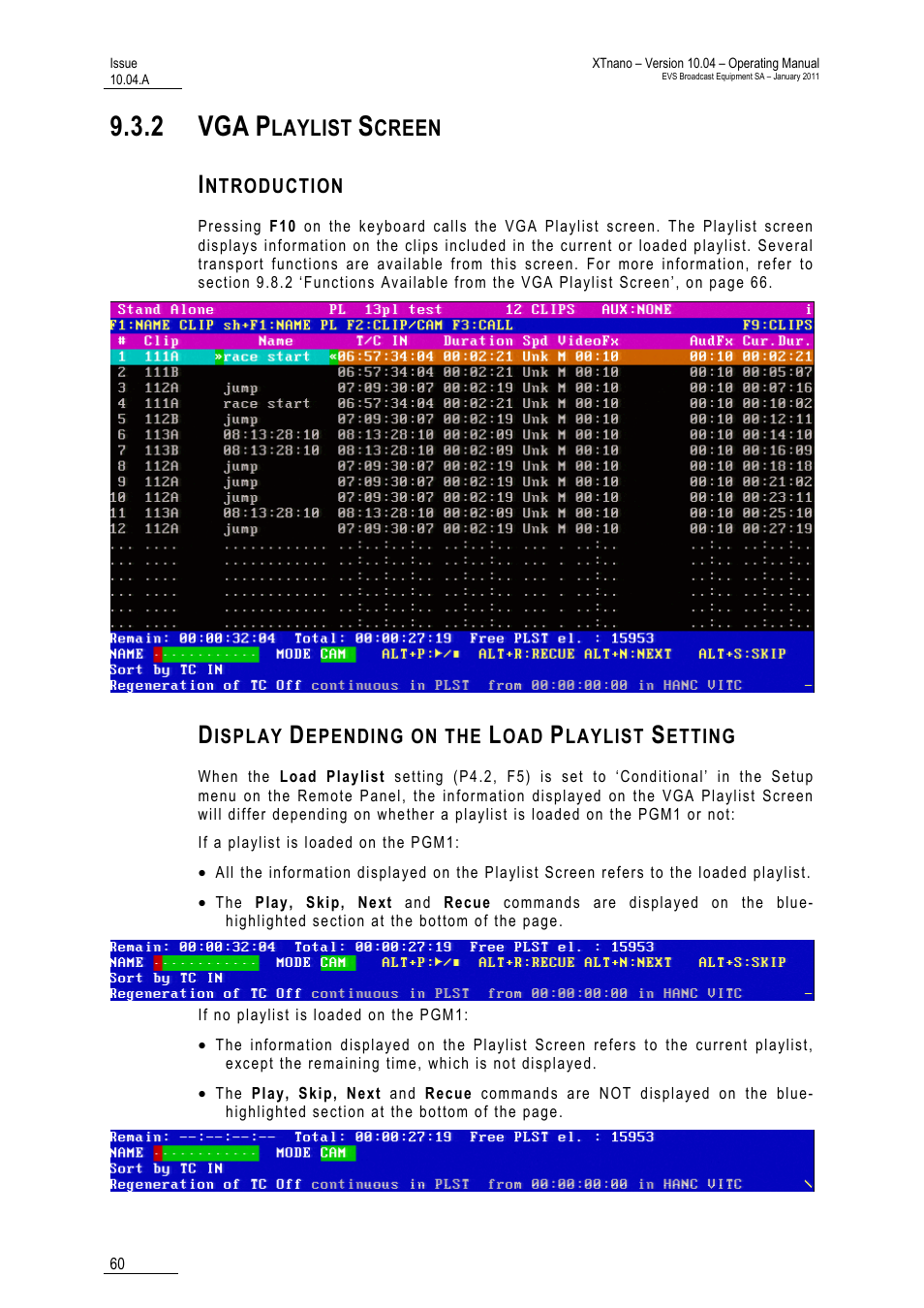 2 vga playlist screen, Introduction, Display depending on the load playlist setting | 2 vga, Laylist, Creen | EVS XTnano Version 10.04 - January 2011 Operation Manual User Manual | Page 68 / 98