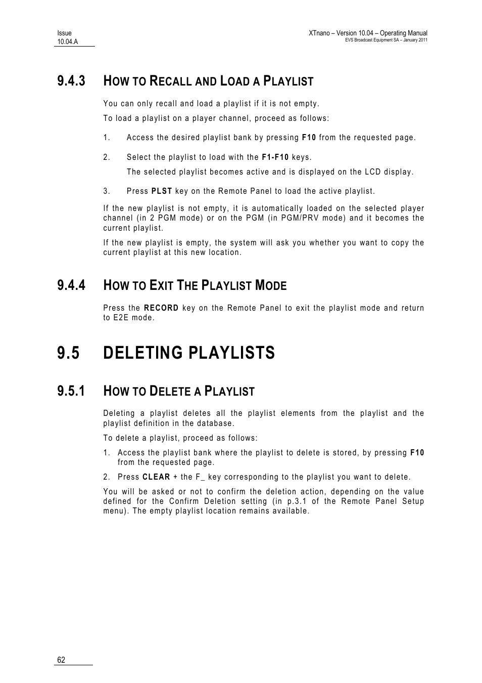 3 how to recall and load a playlist, 4 how to exit the playlist mode, 5 deleting playlists | 1 how to delete a playlist, Mode | EVS XTnano Version 10.04 - January 2011 Operation Manual User Manual | Page 70 / 98
