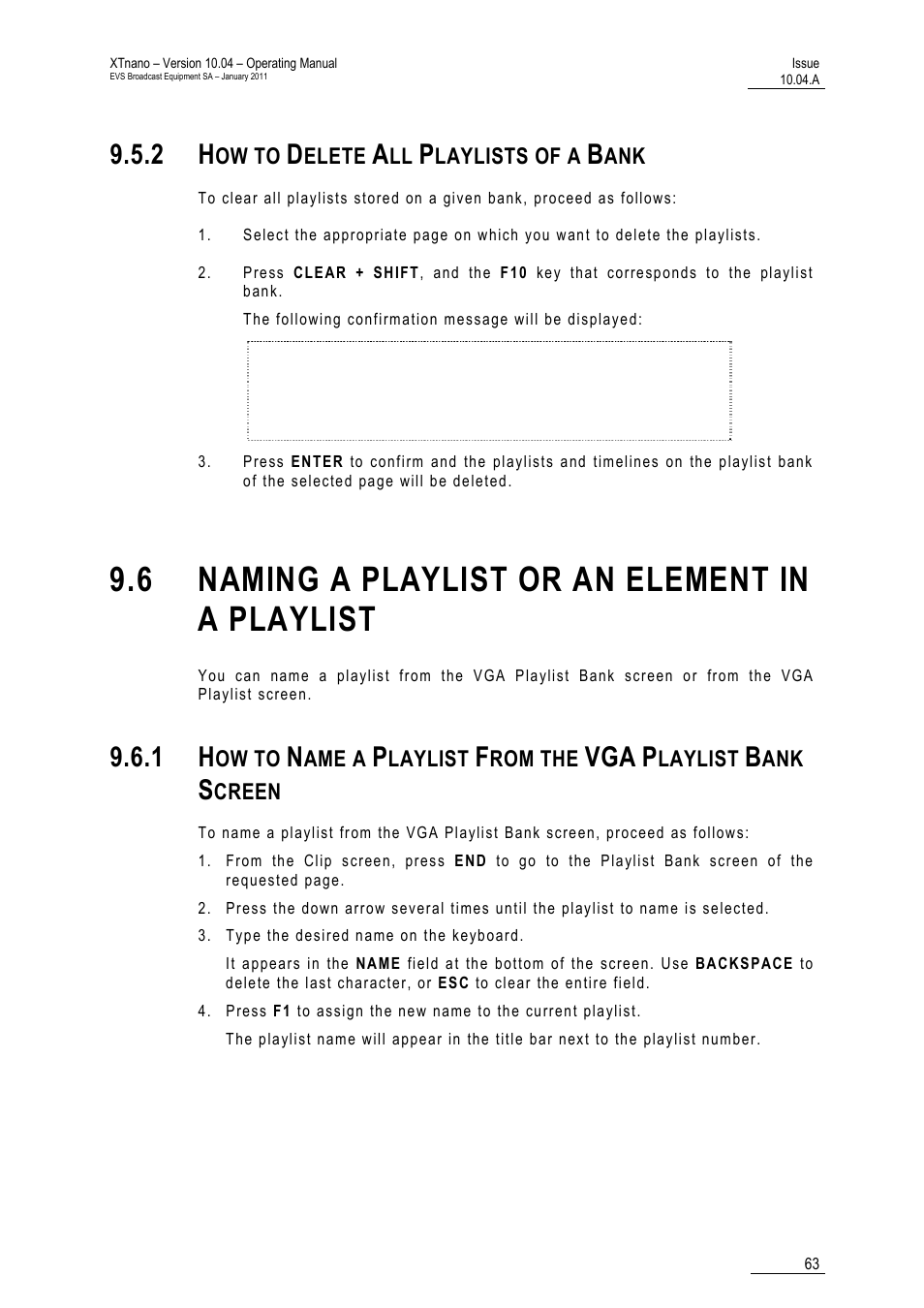2 how to delete all playlists of a bank, 6 naming a playlist or an element in a playlist, Bank screen | EVS XTnano Version 10.04 - January 2011 Operation Manual User Manual | Page 71 / 98
