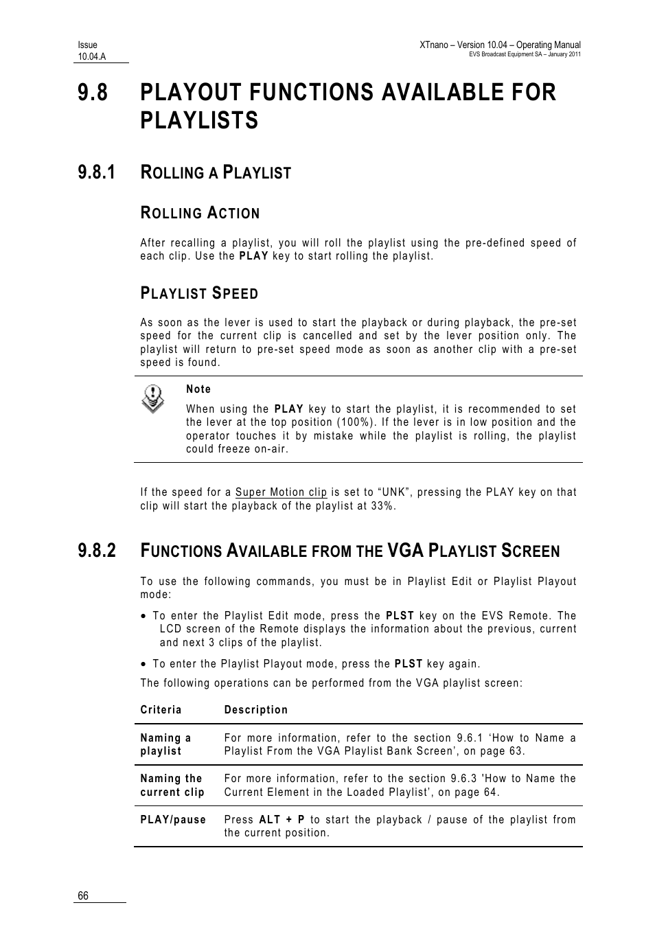 8 playout functions available for playlists, 1 rolling a playlist, Rolling action | Playlist speed, 2 functions available from the vga playlist screen, Aylists | EVS XTnano Version 10.04 - January 2011 Operation Manual User Manual | Page 74 / 98
