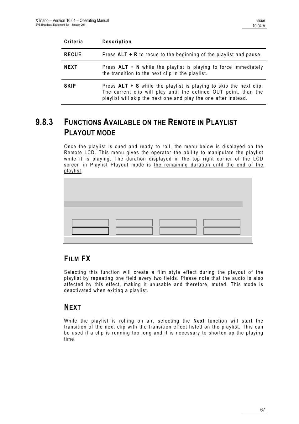 Film fx, Next, Unctions | Vailable on the, Emote in, Laylist, Layout mode | EVS XTnano Version 10.04 - January 2011 Operation Manual User Manual | Page 75 / 98