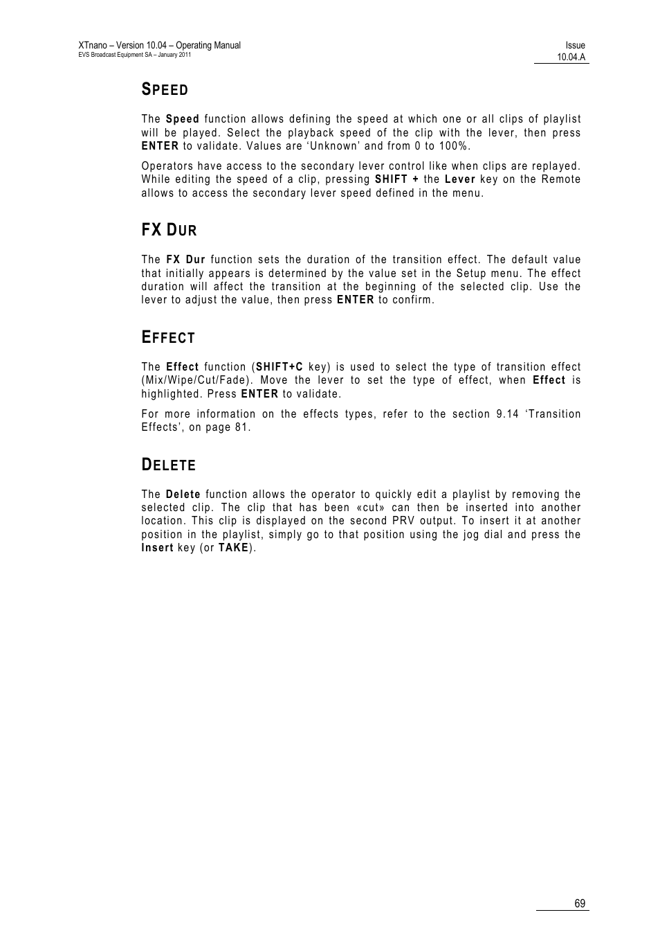 Speed, Fx dur, Effect | Delete | EVS XTnano Version 10.04 - January 2011 Operation Manual User Manual | Page 77 / 98