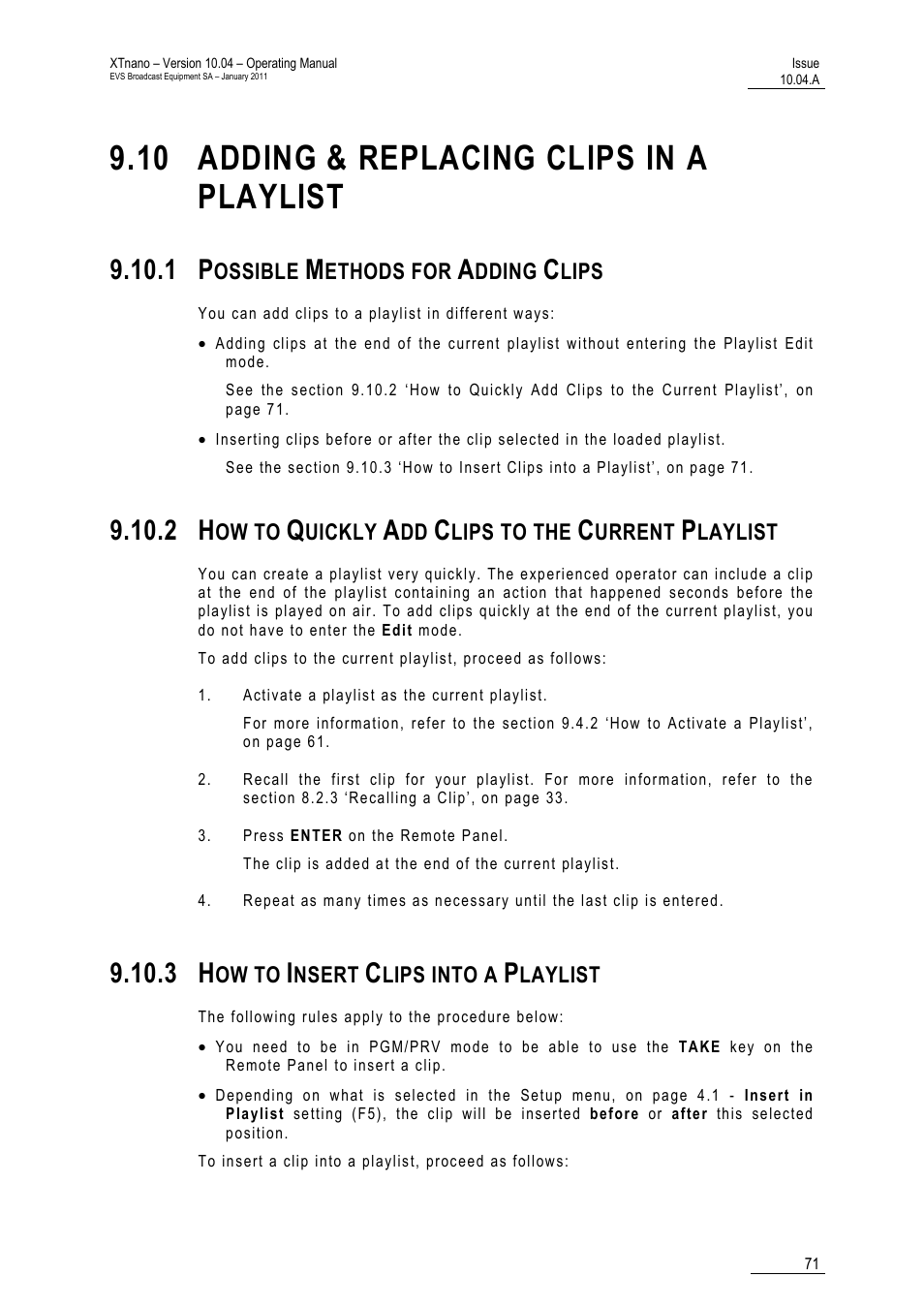 10 adding & replacing clips in a playlist, 1 possible methods for adding clips, 2 how to quickly add clips to the current playlist | 3 how to insert clips into a playlist, Playlist, Aylist | EVS XTnano Version 10.04 - January 2011 Operation Manual User Manual | Page 79 / 98