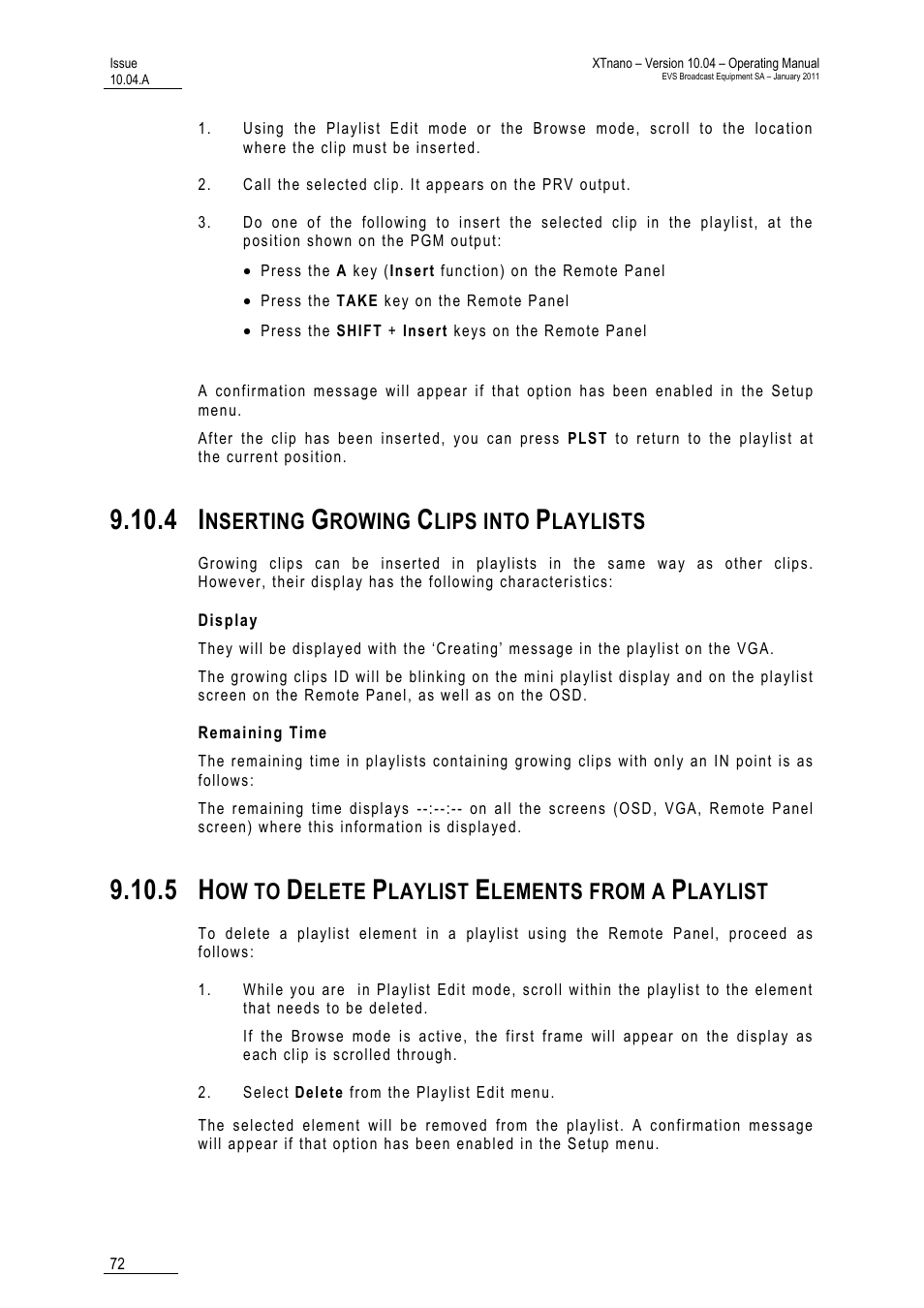 4 inserting growing clips into playlists, Display, Remaining time | 5 how to delete playlist elements from a playlist, Aylists, Playlist, Nserting, Rowing, Lips into, Laylists | EVS XTnano Version 10.04 - January 2011 Operation Manual User Manual | Page 80 / 98