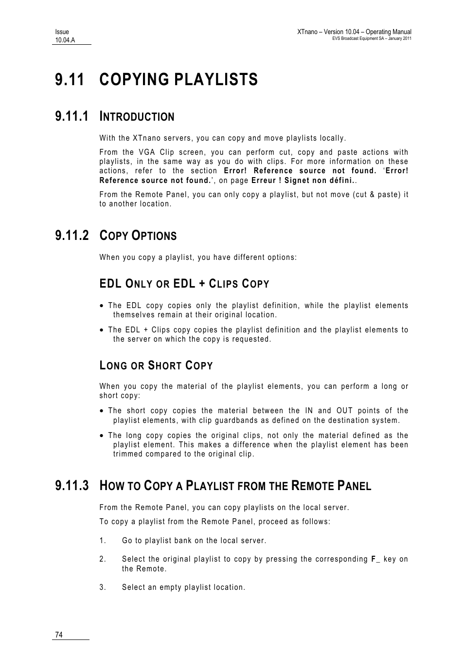 11 copying playlists, 1 introduction, 2 copy options | Edl only or edl + clips copy, Long or short copy, 3 how to copy a playlist from the remote panel | EVS XTnano Version 10.04 - January 2011 Operation Manual User Manual | Page 82 / 98