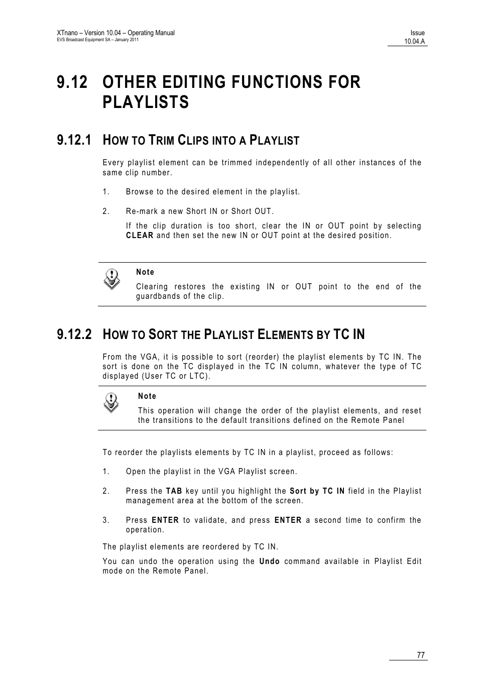 12 other editing functions for playlists, 1 how to trim clips into a playlist, 2 how to sort the playlist elements by tc in | Aylists | EVS XTnano Version 10.04 - January 2011 Operation Manual User Manual | Page 85 / 98