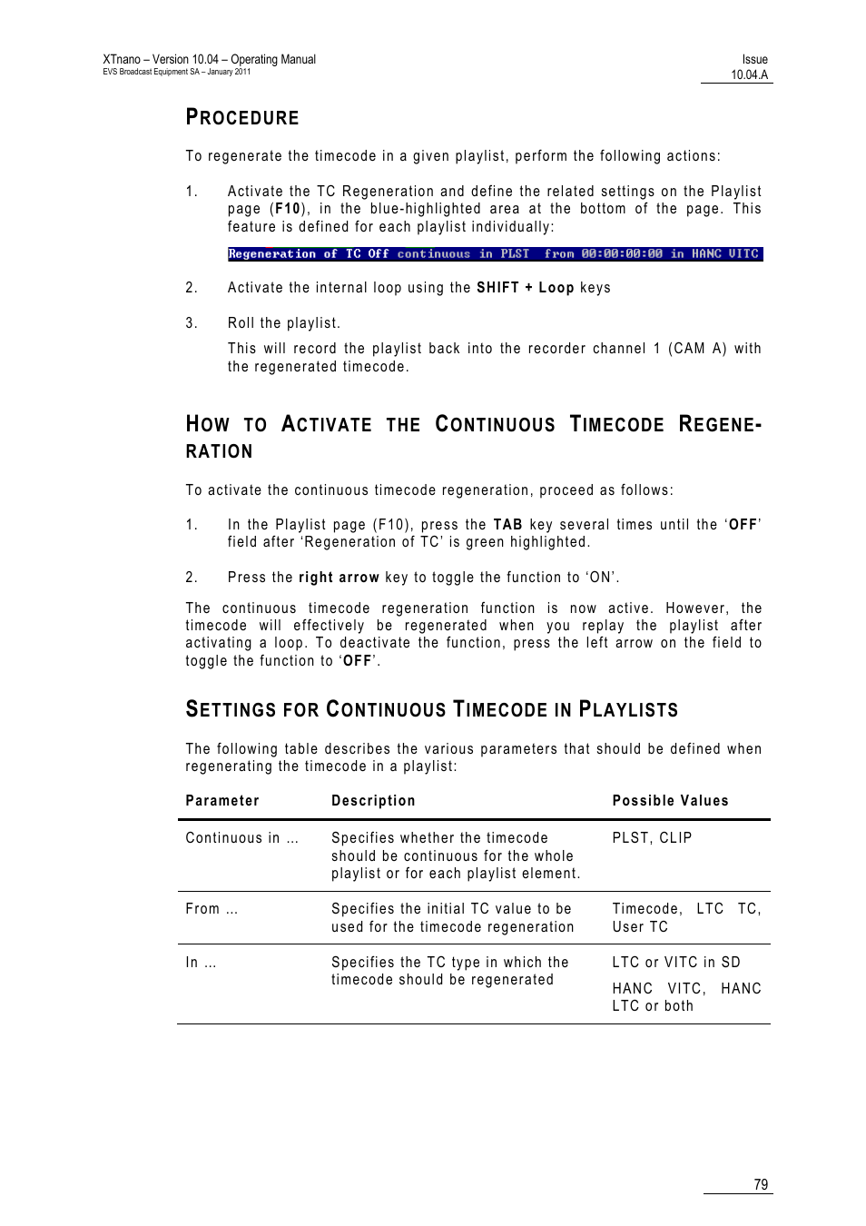 Procedure, Settings for continuous timecode in playlists | EVS XTnano Version 10.04 - January 2011 Operation Manual User Manual | Page 87 / 98