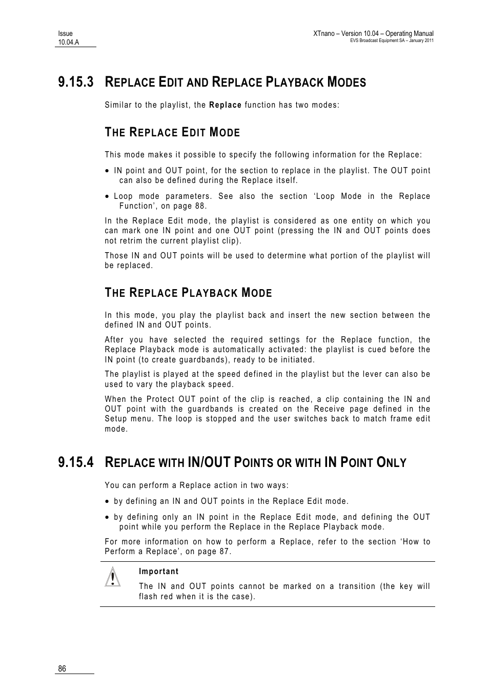 3 replace edit and replace playback modes, The replace edit mode, The replace playback mode | 4 replace with in/out points or with in point only, In/out | EVS XTnano Version 10.04 - January 2011 Operation Manual User Manual | Page 94 / 98