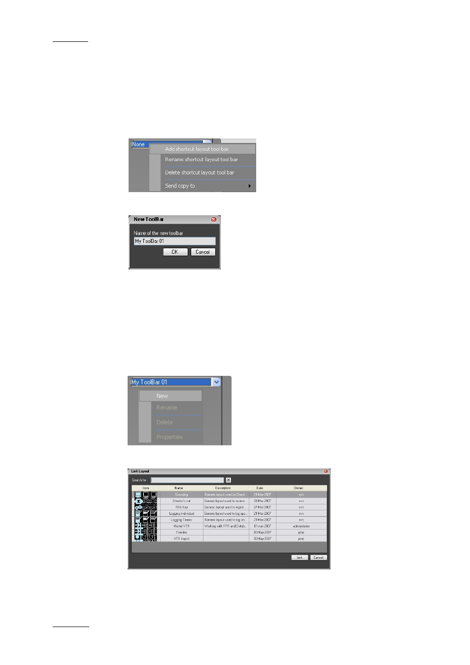 2 how to create a layout toolbar, 3 how to add a layout to a layout toolbar, How to create a layout toolbar | How to add a layout to a layout toolbar | EVS IPDirector Version 4.4 - March 2008 Part 1 User's Manual User Manual | Page 31 / 66