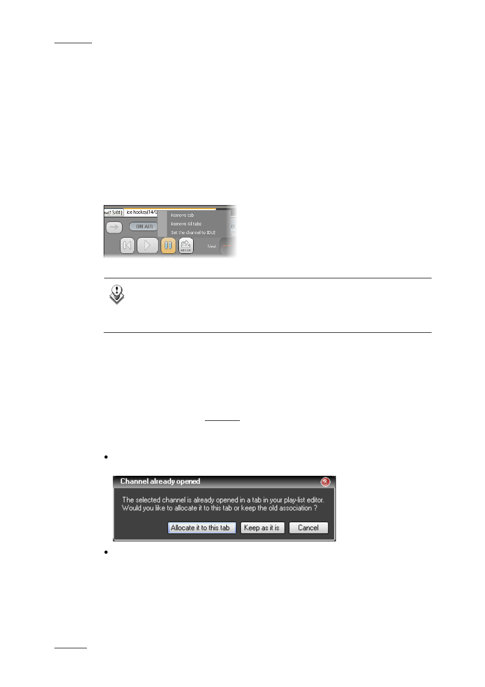 How to make a play-list idle, Change the channel allocated to the tab | EVS IPDirector Version 4.4 - March 2008 Part 3 User's Manual User Manual | Page 117 / 188