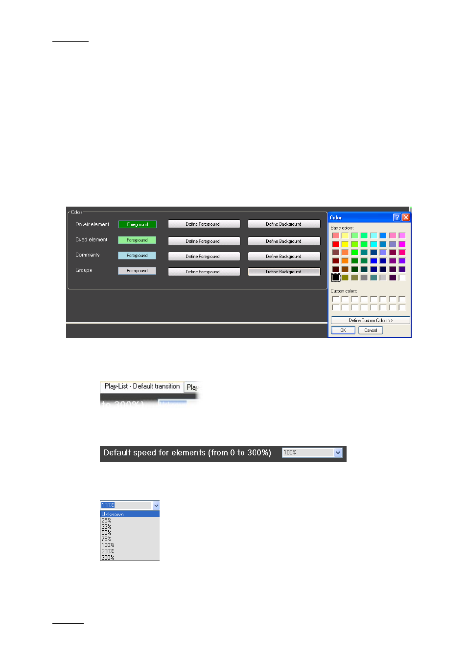Default play-list colours, 3 play-list – default transition settings, Default speed for elements | EVS IPDirector Version 4.4 - March 2008 Part 3 User's Manual User Manual | Page 169 / 188